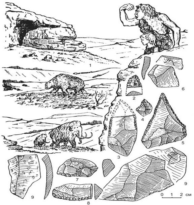 1 — неандертальська людина, її печерне сховище та промислові тварини (печерний ведмідь і мамонт); Креміневі знаряддя з мустьєрських стоянок (2–5 — гостроконечники; 7, 8 — скребла; 6, 9 — відщепи)