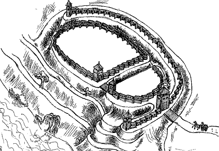 Реконструкція ймовірного вигляду північного городища літописного Возвягля (автор М.І.Довганич)