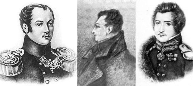 Пестель Павло Іванович (1793–1826), Бєстужев-Рюмін
Михайло Павлович (1801–1826), Муравйов-Апостол Сергій Іванович (1796–1826)